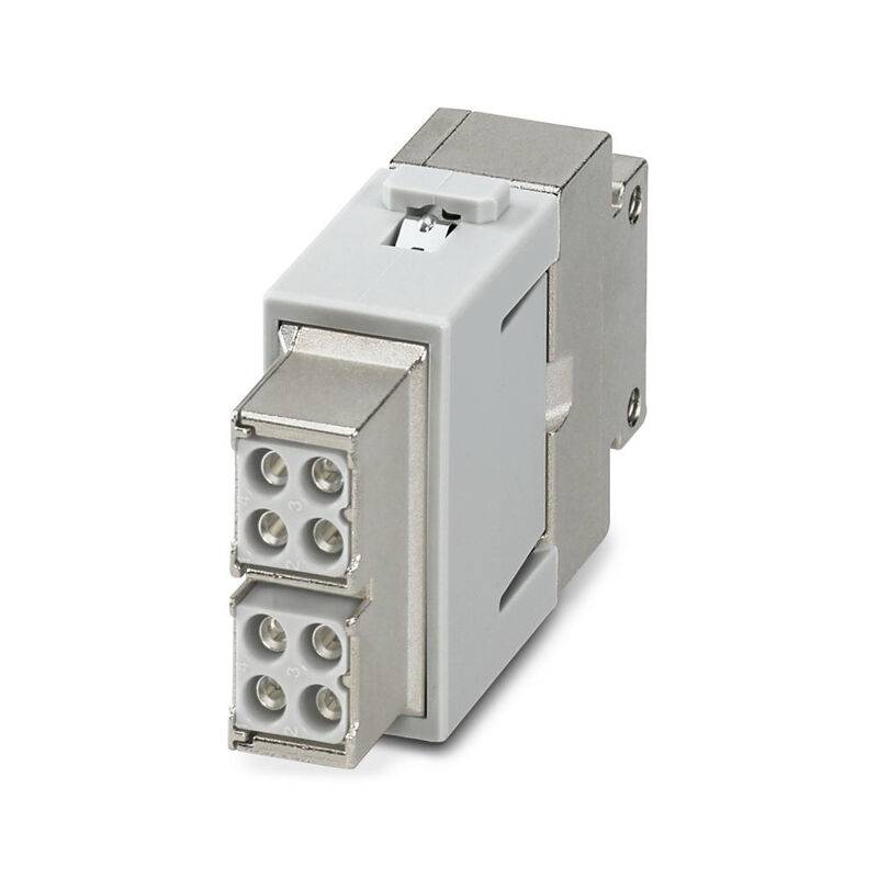 Industrielles Elektrostecker-Modul mit zwei gestapelten 4-poligen Klemmleisten in einem grauen Metallgehäuse, dargestellt auf weißem Hintergrund.