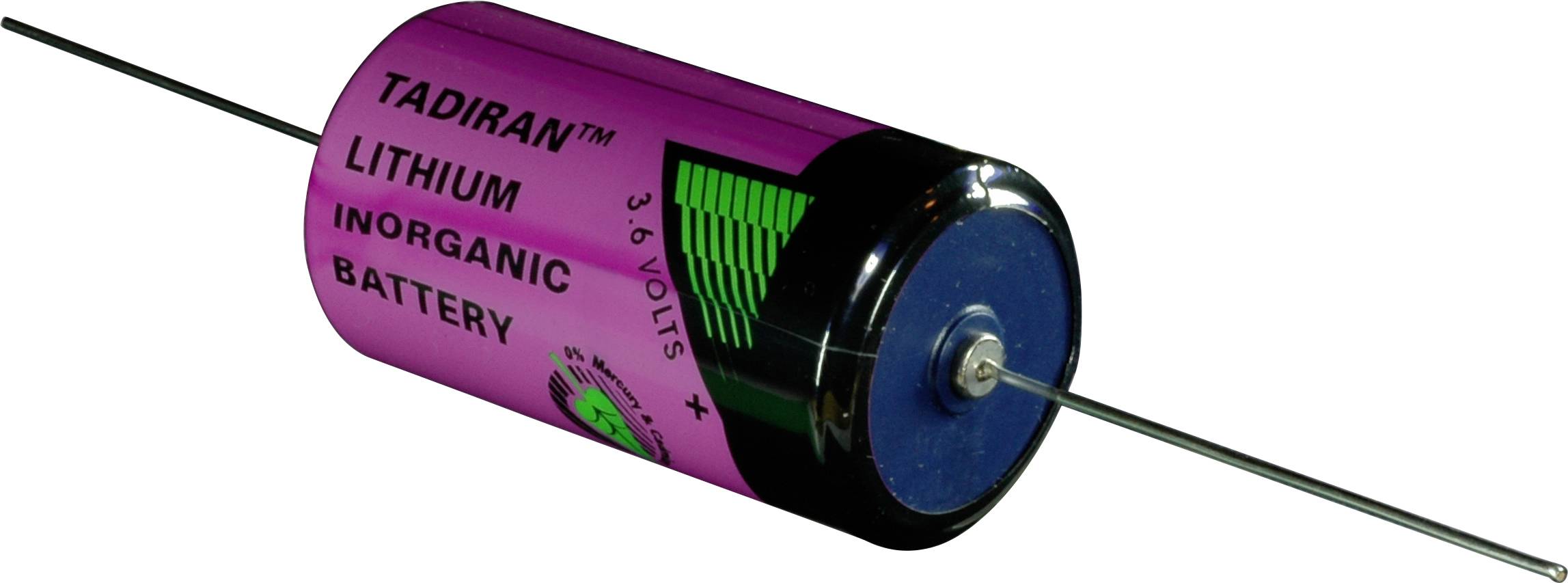Violette Tadiran-Lithium-Anorganik-Batterie mit Metallfahnen, die an beiden Enden herausragen, auf weißem Hintergrund.