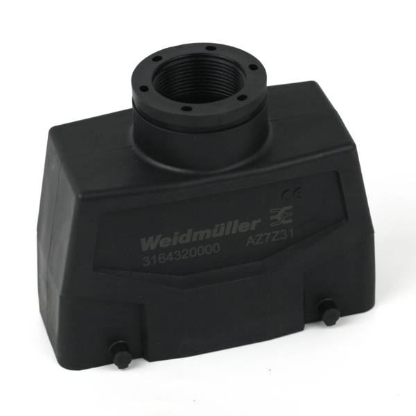 Black Weidmüller AZ731 electrical connector housing with threaded top opening on a white background.