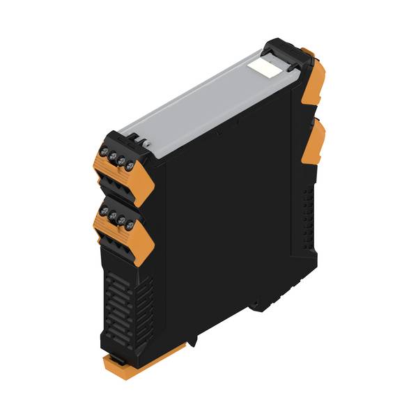 Schwarzes und orangefarbenes industrielles elektronisches Modul mit Anschlussklemmen, in einer Dreiviertelvorderansicht auf weißem Hintergrund dargestellt.