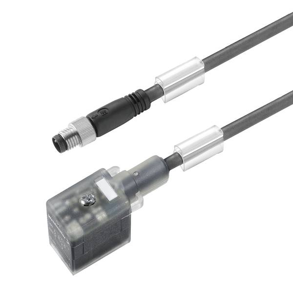 Zwei in Nahaufnahme gezeigte Industrie-Steckverbinder, ein Gewindemetallstecker und ein durchsichtiger rechteckiger Stecker auf schwarzen Kabeln.