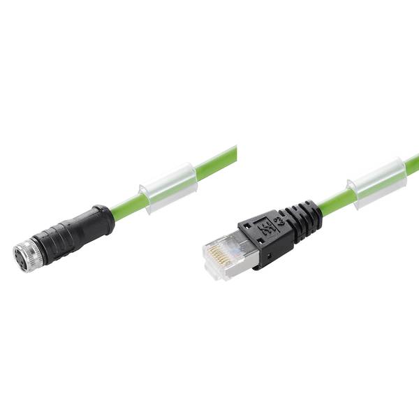 Nahaufnahme eines grünen Kabels mit zwei verschiedenen Steckern: ein kreisförmiger Metallstecker auf der linken Seite und ein RJ45-Ethernet-Stecker auf der rechten Seite.