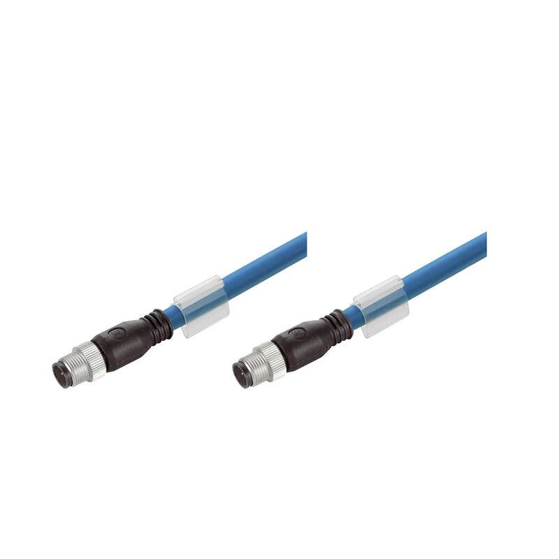 Zwei blaue Kabelstecker mit metallischen Gewindelenden auf weißem Hintergrund.