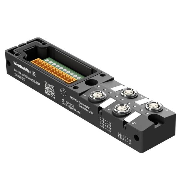 Ein schwarzes Weidmüller-Industrie-Elektrosteckverbindermodul mit orangefarbigem Klemmleistenblock und vier kreisförmigen Metallöffnungen auf weißem Hintergrund.