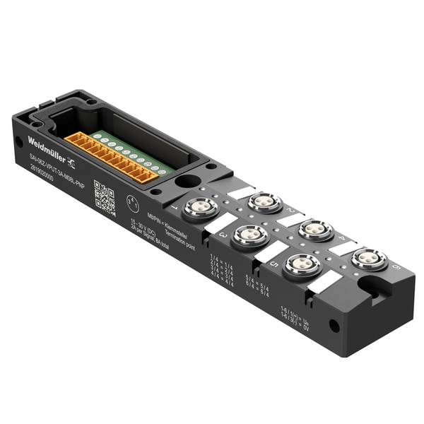 Industrielle elektrische Verteilerdose mit offener Leiterplatte und orangefarbiger Anschlussklemme sowie einer separaten grauen Weidmüller-Abdeckplatte daneben angebracht.