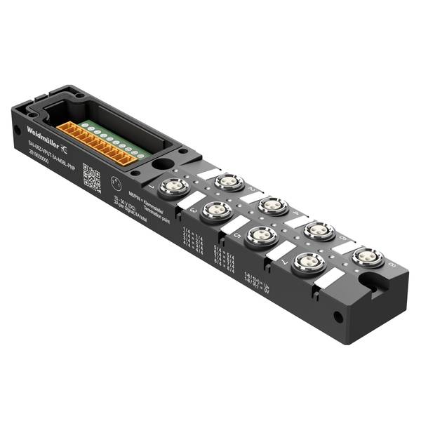 Industrielles Sensor-/Steckverbinder-Modul mit mehreren kreisförmigen Anschlüssen, Klemmleiste und gedruckten Beschriftungen auf einem schwarzen rechteckigen Gerät.