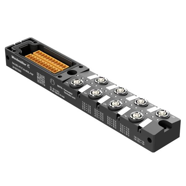 Industrieller schwarzer modularer Anschlussblock mit orangefarbenen Klemmeneinschüben und mehreren runden M12-ähnlichen Anschlüssen, auf weißem Hintergrund dargestellt.