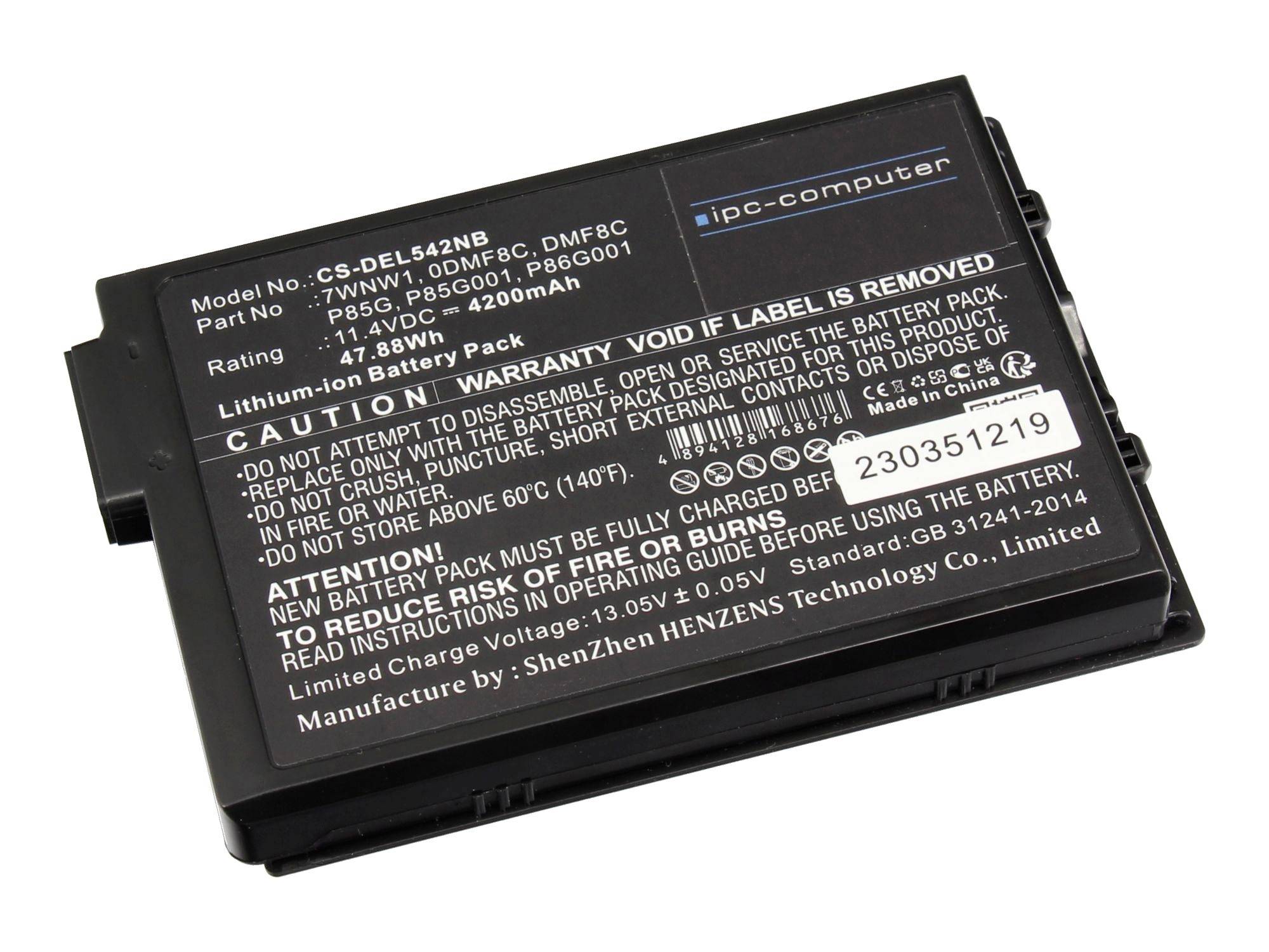 Schwarzes wiederaufladbares Lithium-Ionen-Akkupack mit Warnbezeichnung und aufgedruckten Modellspezifikationen.