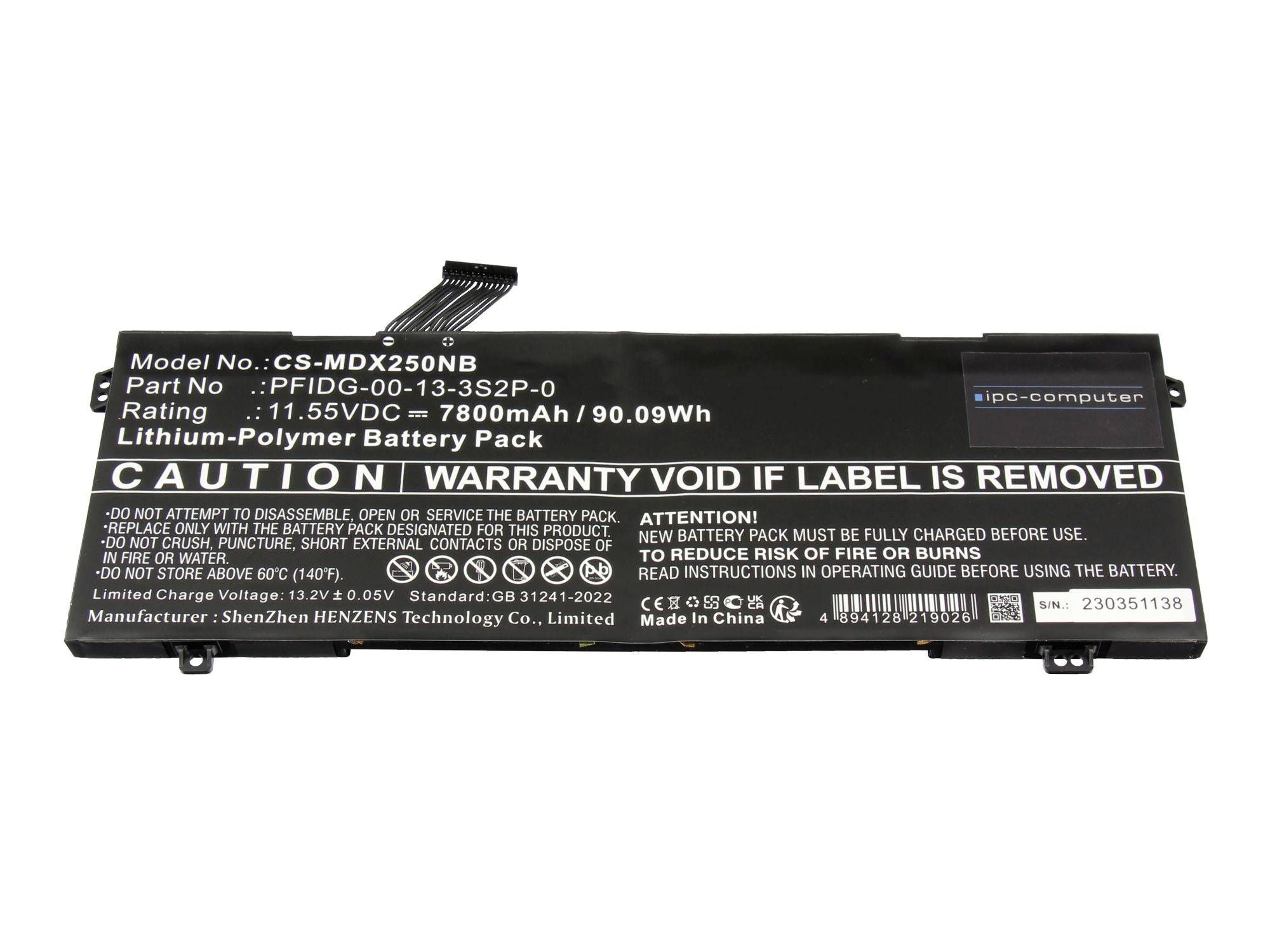 Schwarzer Laptop-Akku mit gedrucktem Warnschild, Modell CS-MDX250NB, 11,55V, 7800mAh, 90,09Wh.