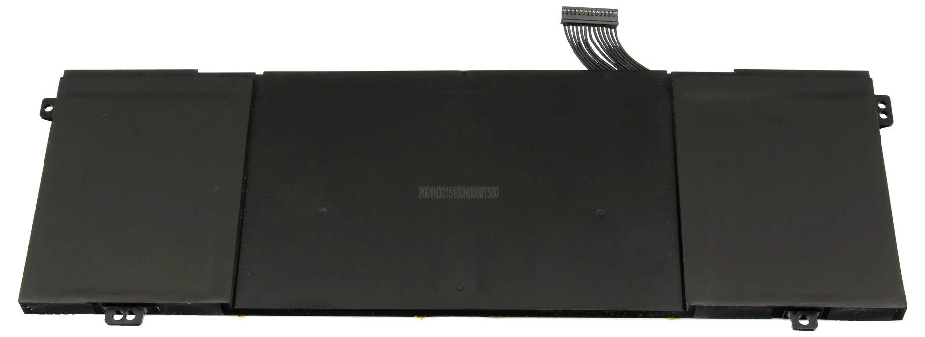 Schwarzes rechteckiges elektronisches Bauteil mit einem Kabel, das oben in der Mitte befestigt ist, auf weißem Hintergrund dargestellt.