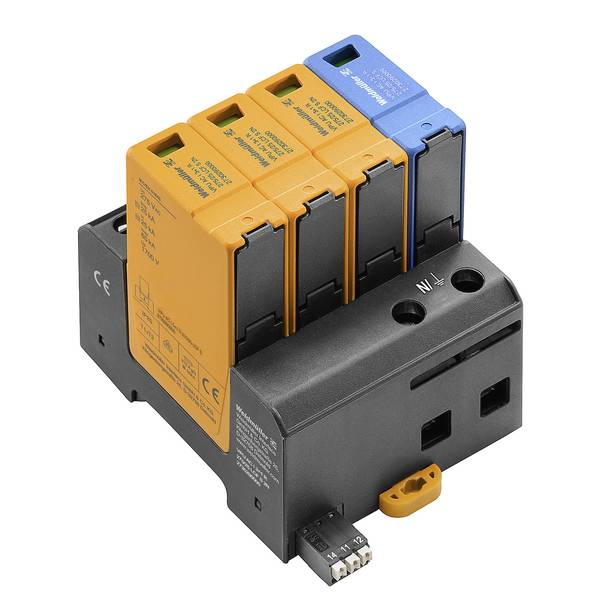 Modularer Industrie-Elektroklemmenblock mit vier Steckmodulen in Orange und Blau auf schwarzer Basis, isoliert auf Weiß dargestellt.