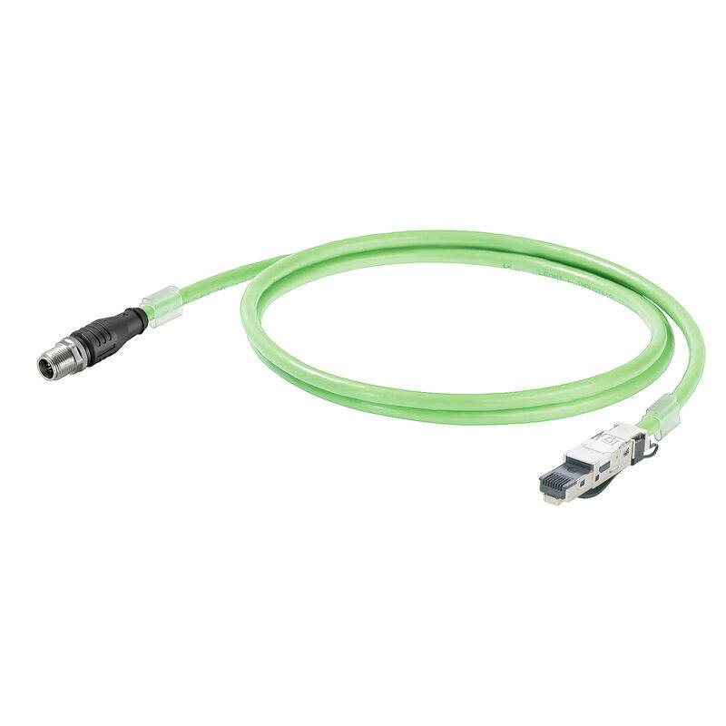 Grünes Kabel mit schwarzem Stecker an einem Ende und RJ45-ähnlichem Stecker am anderen Ende, gezeigt auf weißem Hintergrund.