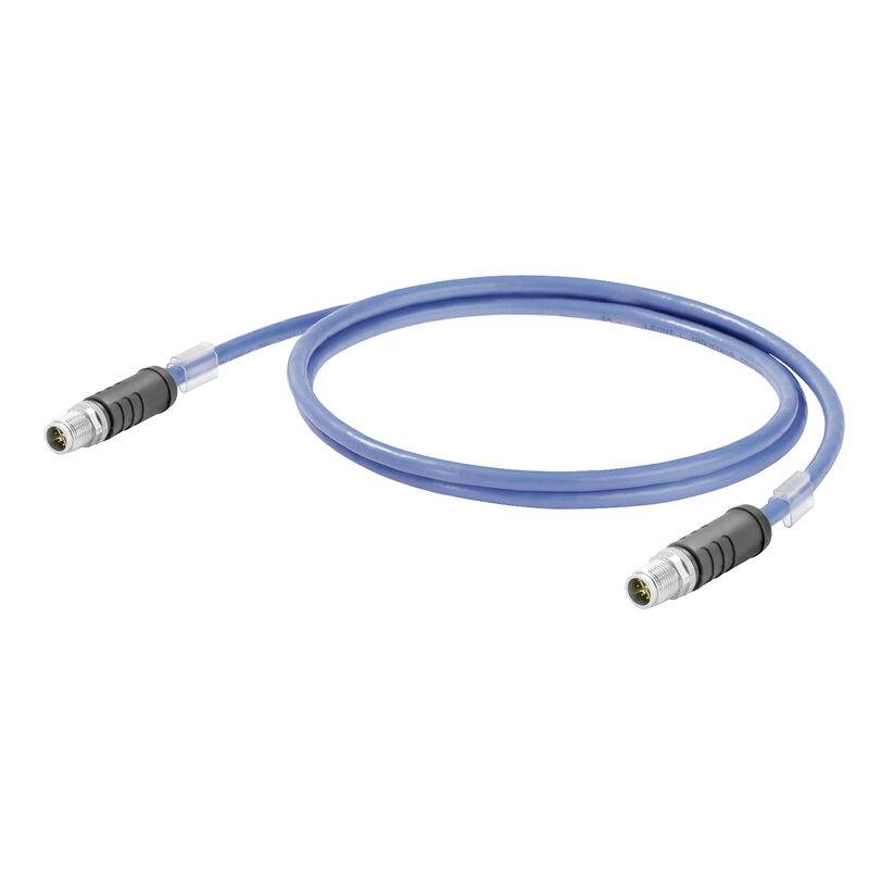 Blaues Kabel mit runden Metallsteckern an beiden Enden, aufgerollt auf weißem Hintergrund gezeigt.