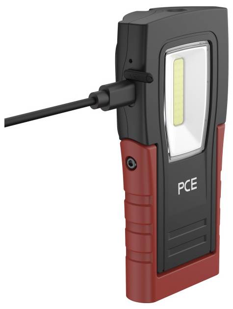 Tragbare PCE-Arbeitsleuchte mit COB-LED-Panel und angebrachtem Stromkabel in schwarzem und rotem Gehäuse.