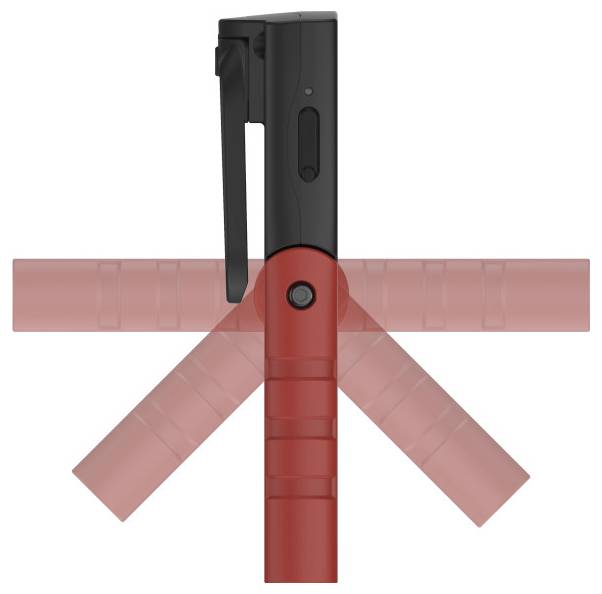 Schwarze Klemme, die an einem roten Stab befestigt ist, mit drei durchscheinenden roten Armen, die horizontal und diagonal nach außen verlaufen, gezeigt auf weißem Hintergrund.