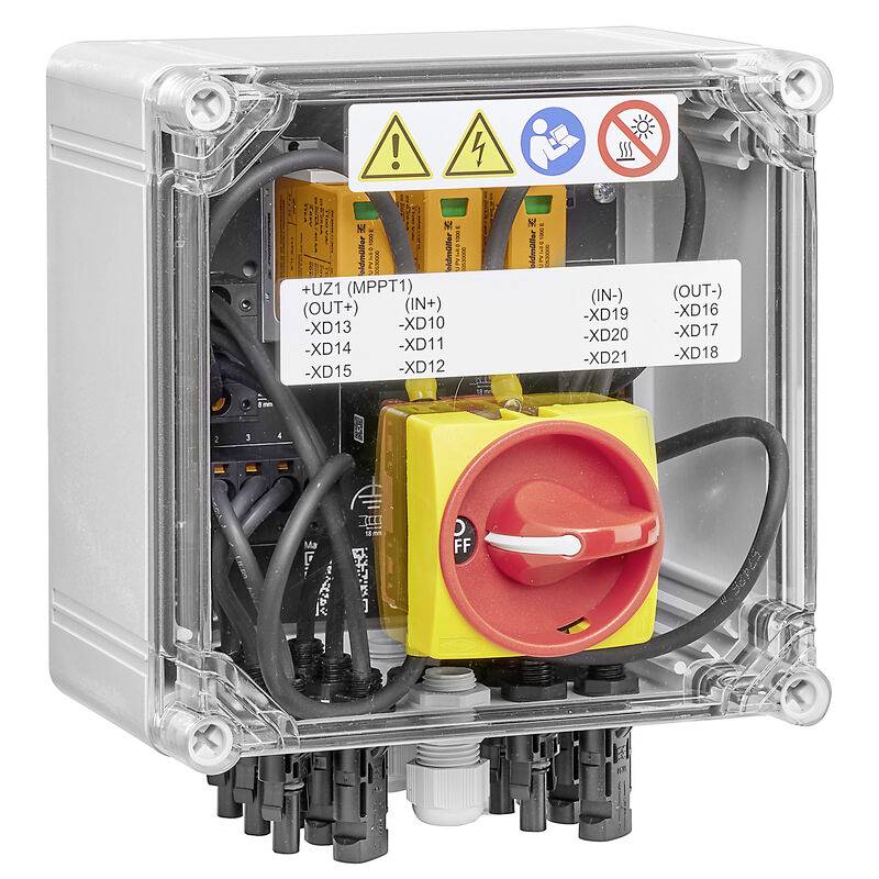 Durchsichtige elektrische Schalttafel mit rotem/gelbem Dreh-Trennschalter, Verkabelung, Anschlussklemmen-Beschriftungen und Sicherheitswarnzeichen auf der Abdeckung.