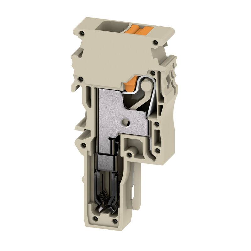 Schnittansicht eines beigen Elektroklemmenblocks mit internen Metallkontakten und orangefarbenen Federanschlüssen.