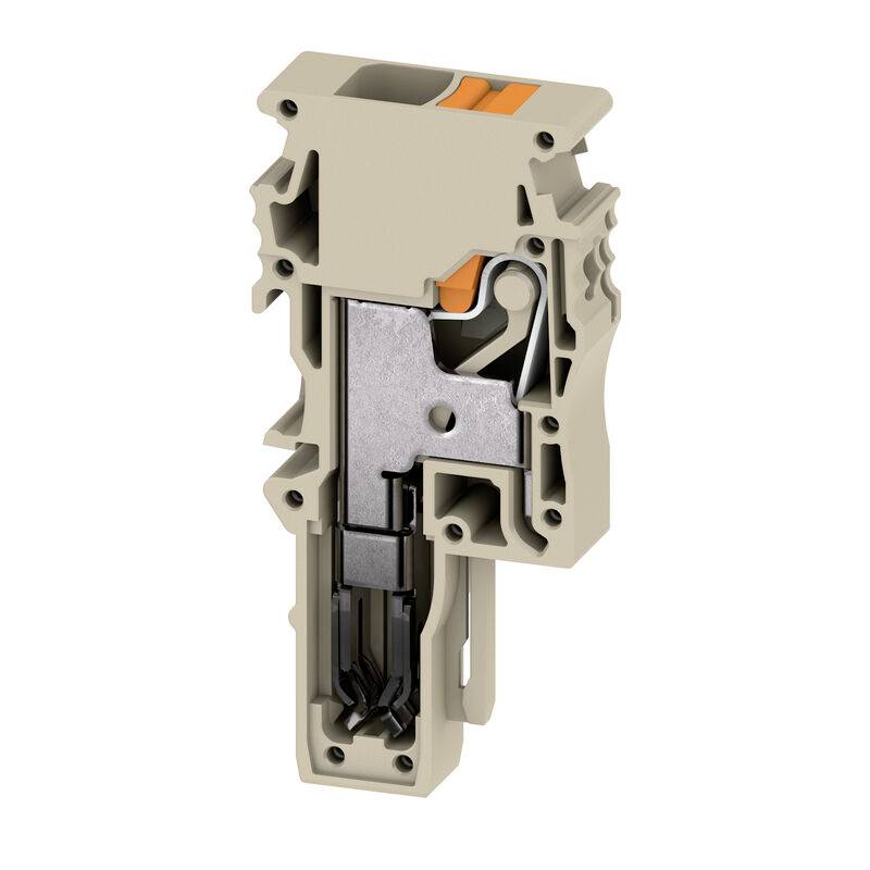 Schnittansicht eines beigen Elektroklemmenblocks oder -steckers mit Ansicht der internen Metallkontakte und orangefarbenen Verriegelungsteile.