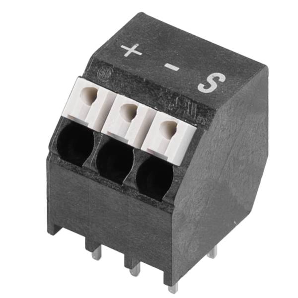 Schwarzer Dreipositionen-Klemmenblock-Stecker mit der Bezeichnung „+ - S
