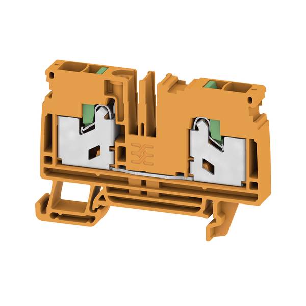 Oranges DIN-Schienen-Elektroklemmenblock mit zwei Metallfedern-Klemmverbindungen, dargestellt auf weißem Hintergrund.