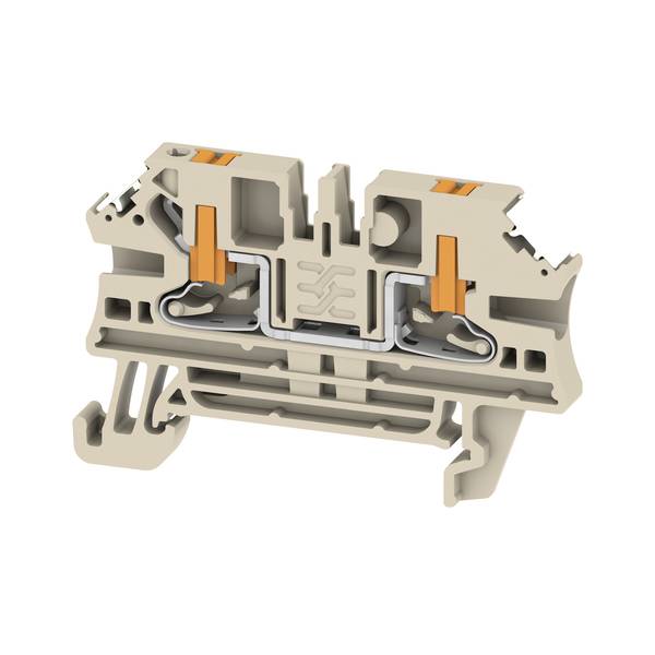 Querschnitt eines beigen Elektroklemmenblocks mit internen Metallkontakten und orangefarbenen Federklemmvorrichtungen.