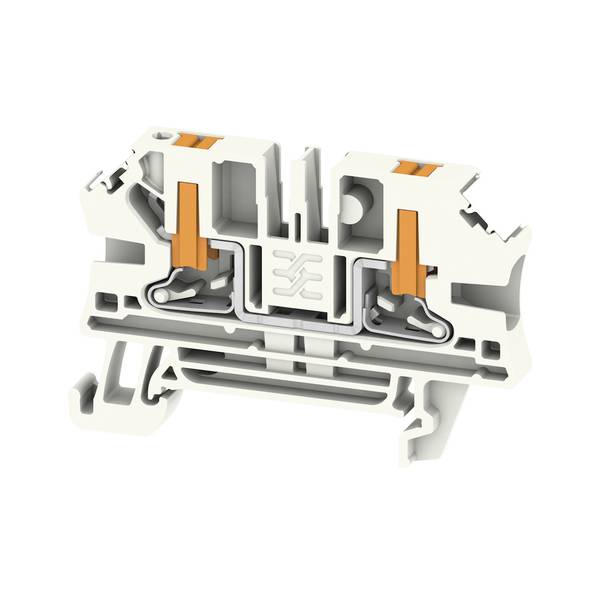 Querschnitt eines weißen Elektroklemmenblock-Steckers mit orangefarbenen Entriegelungslaschen, das interne Klemmkontakte und Kanäle für Drähte zeigt.