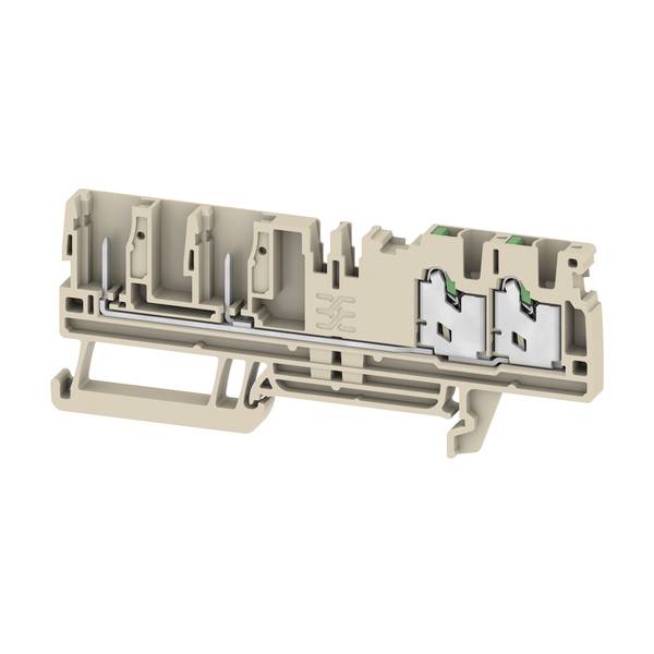 3D cutaway of a beige electrical terminal block connector, showing internal contacts and wiring channels on a white background.