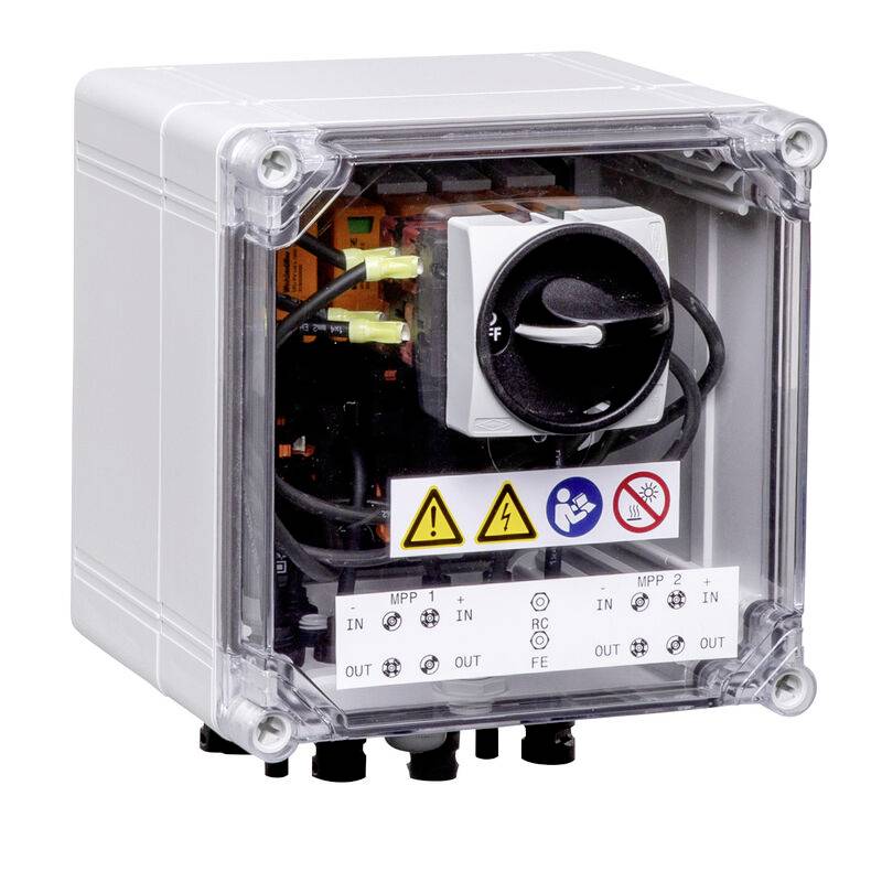 Geschlossener Elektrosteuerkasten mit transparentem Deckel, Drehschalter, Warnetiketten und Kabelverbindungen.
