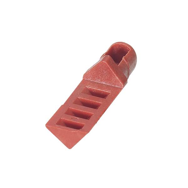 Red plastic clip or fastener with a slotted body and rounded loop end, isolated on a white background.