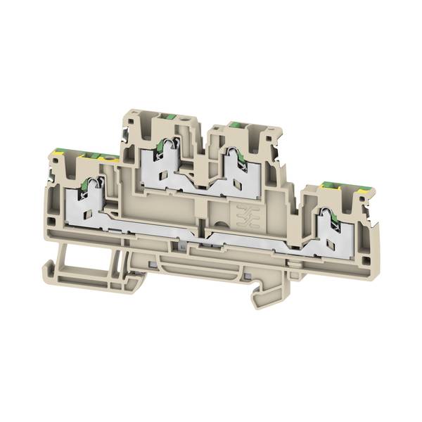 Querschnitt eines beigen Elektroklemmenblocks mit internen Metallkontakten und Drahtklemmungsmechanismen.