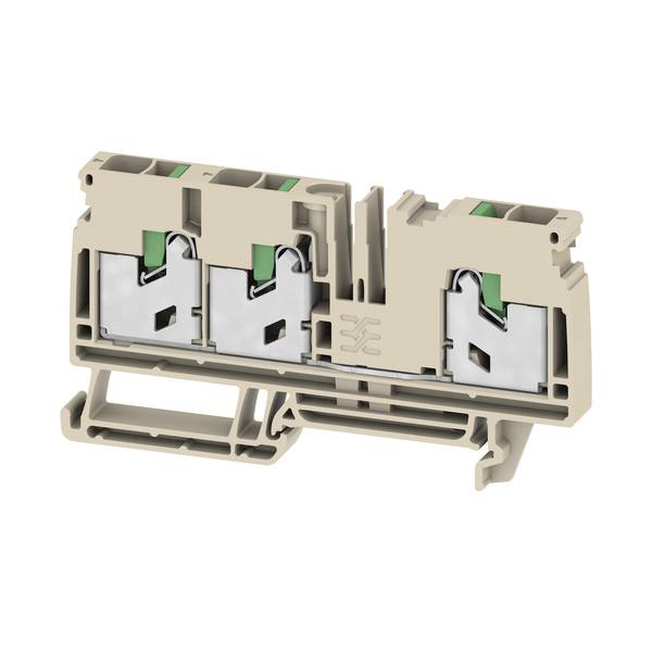 Beige Dreifach-Elektroklemmleiste mit Metallfedern und grünen Entriegelungstabs, perspektivisch auf weißem Hintergrund dargestellt.