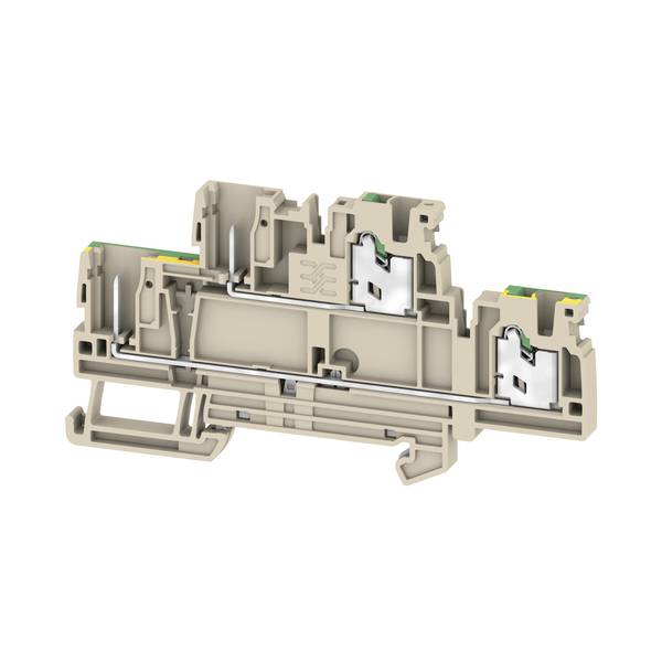 Querschnitt eines beigen Elektroanschlussklemmenblocks mit internen Metallkontakten und Drahtklemmstellen zum Verbinden von Leitern.