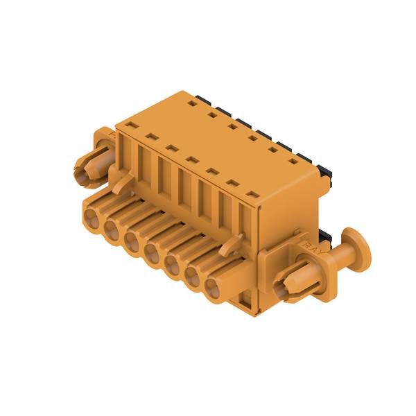 Orange multi-port electrical connector component shown in 3D, with multiple front sockets and side locking tabs on a white background.