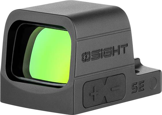 Schwarzes kompaktes Reflexvisier mit grün getöntem Objektiv und Plus-/Minus-Einstelltasten an der Seite.