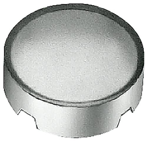 Runde silberne Metallkappe oder Stöpsel mit flacher Oberseite und gekerbten Seiten, gezeigt auf weißem Hintergrund.