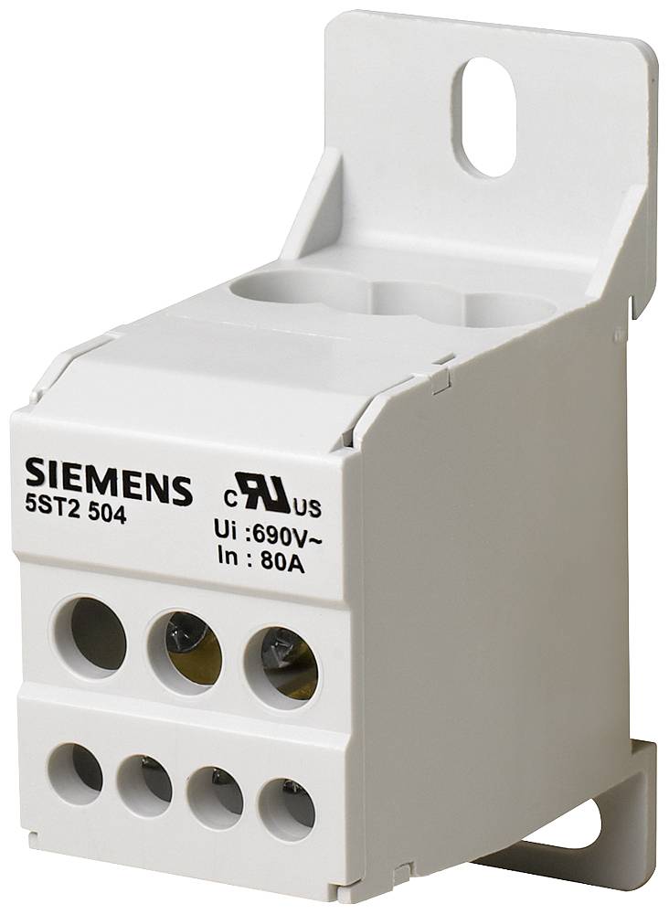 Weiße Siemens-Elektroklemmenleiste mit Befestigungshalter und drei vorderen Anschlussklemmen, beschriftet mit '5ST2 504', 'Ui: 690V', 'In: 80A'.