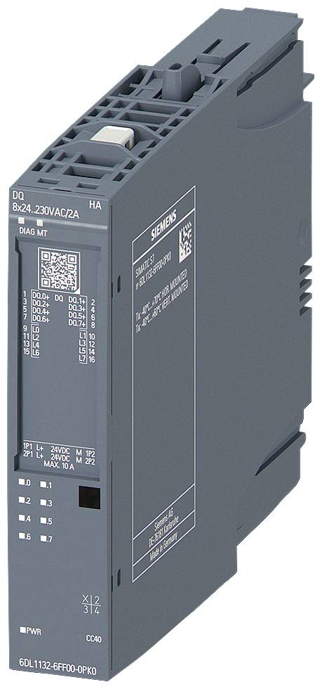 Graues Siemens-Industriesteuermodul mit Beschriftungen, QR-Codes und Statusanzeigen, dargestellt in einer Drei-Viertel-Ansicht.