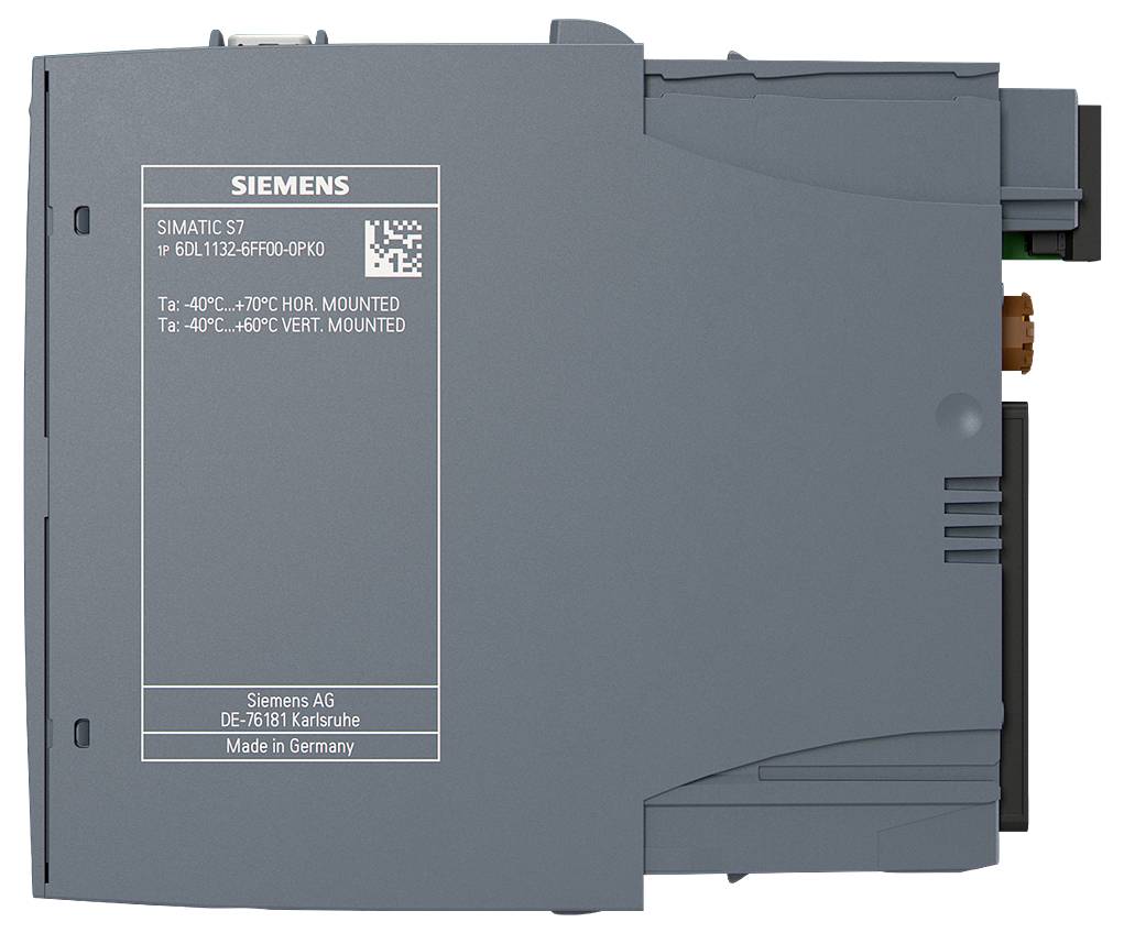 Seitenansicht eines Siemens SIMATIC S7 SPS-Moduls mit Beschriftung und Anschlüssen, dargestellt auf weißem Hintergrund.