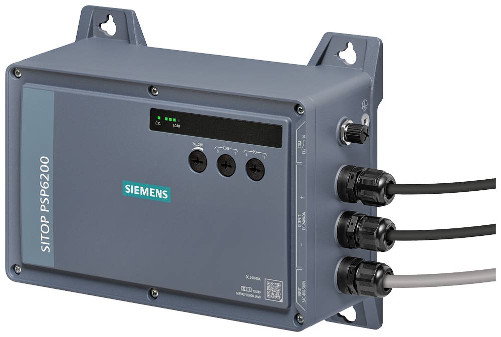 Siemens SITOP PSU6200 Stromversorgungseinheit für industrielle Anwendungen mit Status-LEDs und drei angeschlossenen Kabeln auf der rechten Seite.