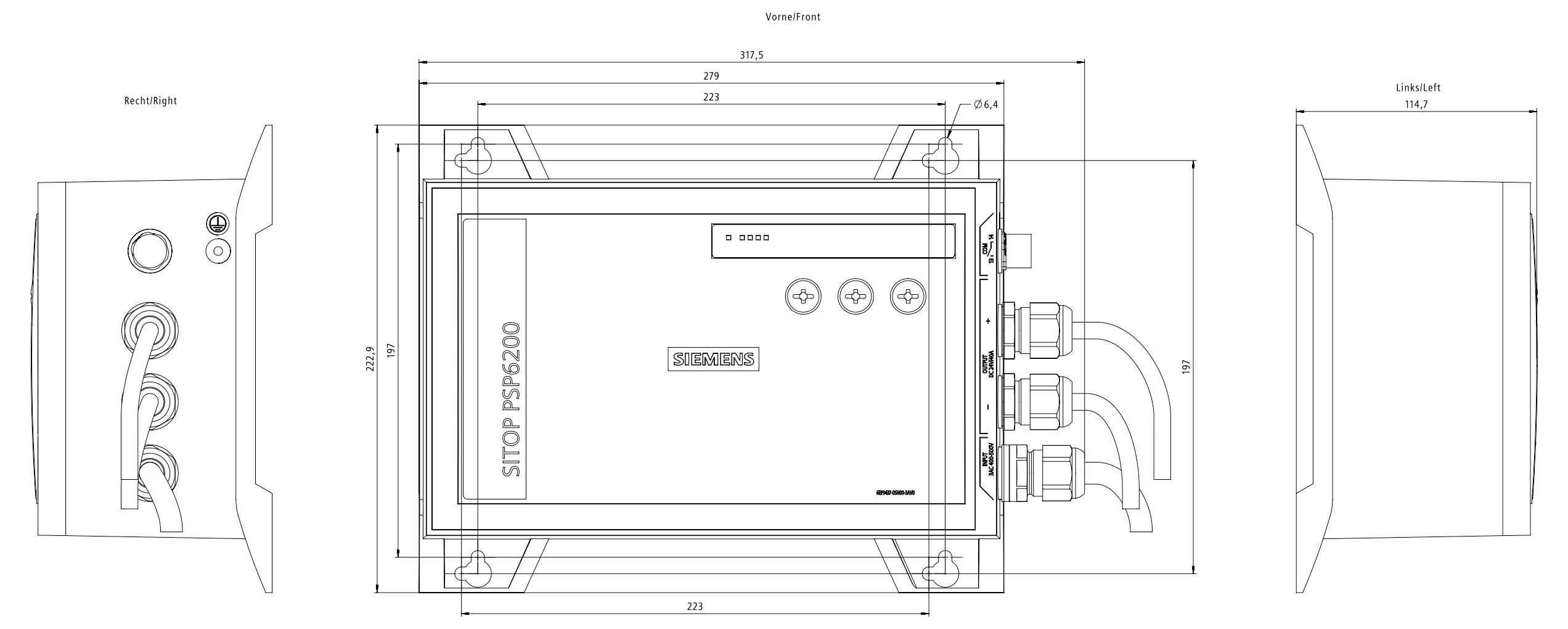 Technische Zeichnung eines STOP PF6200-Bedienfeld-Gehäuses mit Vorder-, Seiten- und dimensionierten Ansichten mit Kabeleinführungen und Befestigungspunkten.