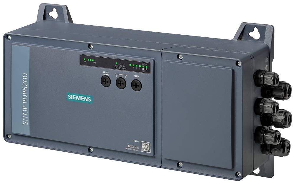 Siemens SITOP PBF6200 industrielles Stromversorgungsgerät mit Status-LEDs, drei Einstellreglern und Kabelverbindern auf der rechten Seite.