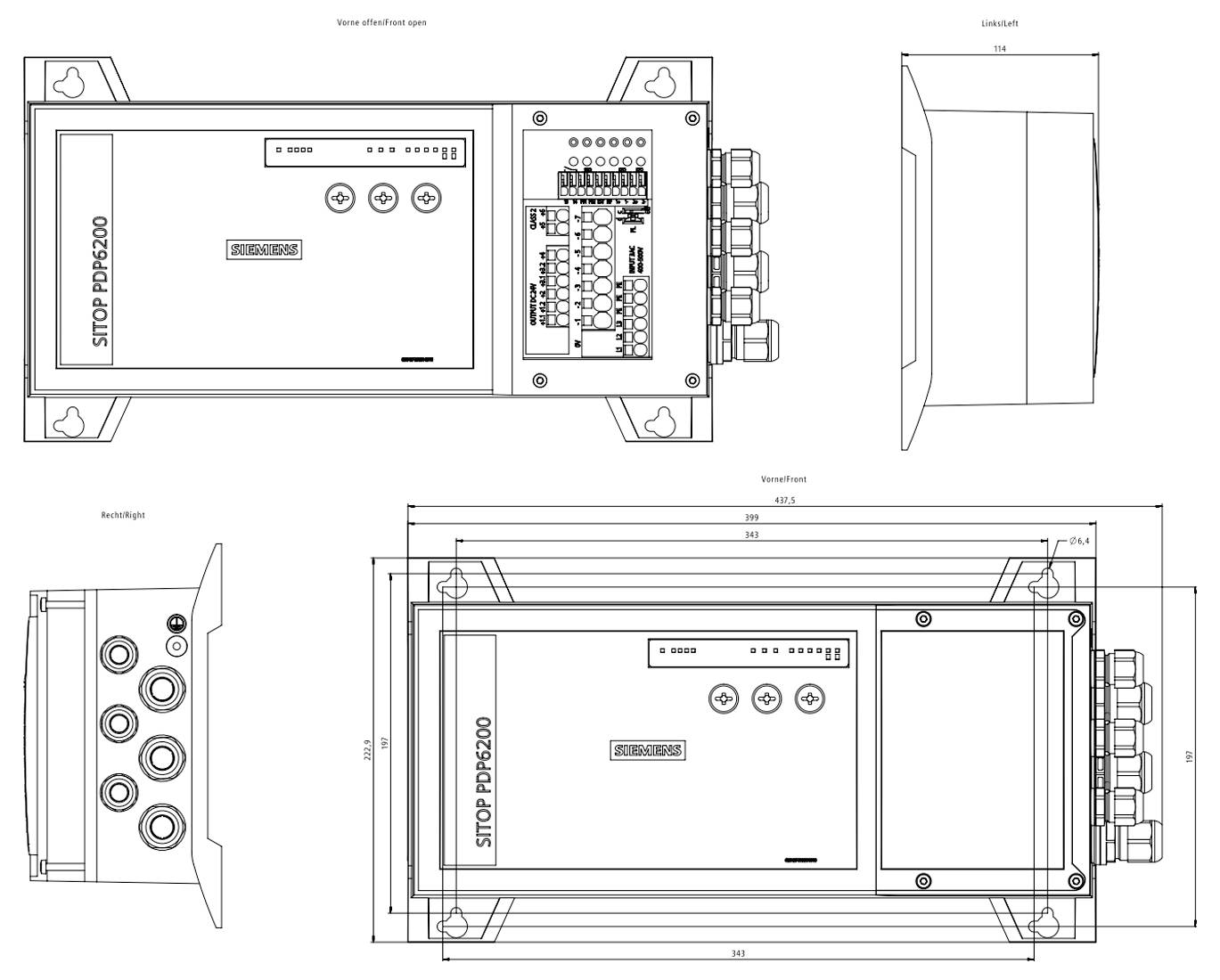 Technische Zeichnung eines rechteckigen industriellen Steuermoduls mit Vorder-, Seiten- und Grundrissansichten mit beschrifteten Abmessungen und Anschlussports.