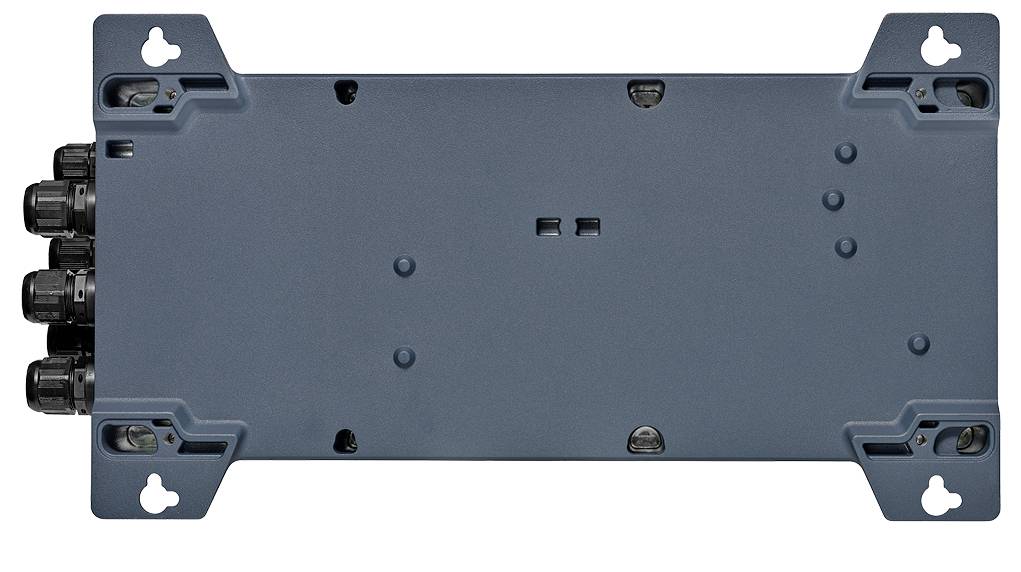 Blaues rechteckiges elektronisches Modul oder Gehäuse mit vier Befestigungslaschen in den Ecken und drei Kabelverbindungen auf der linken Seite.