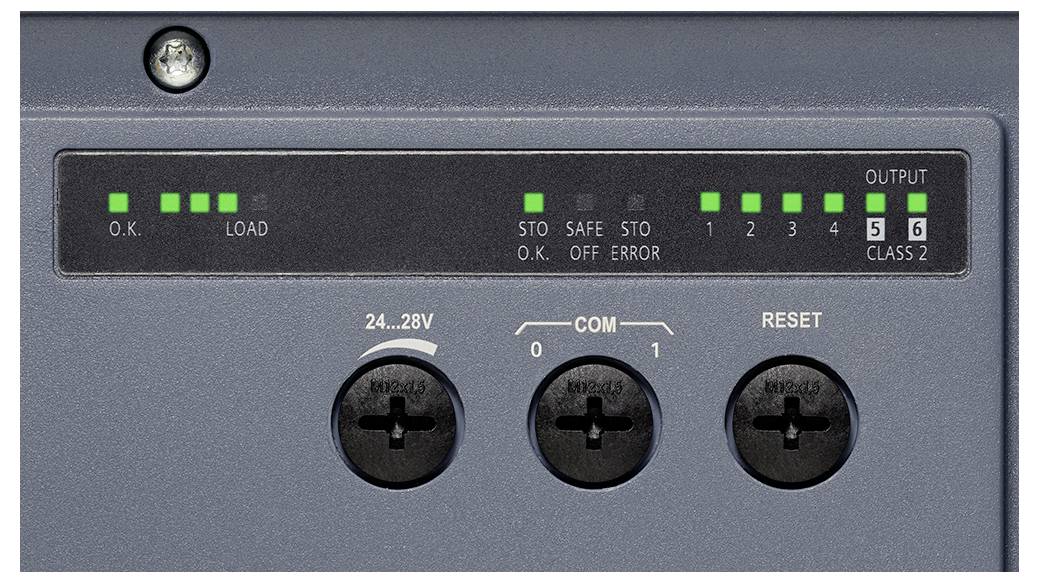 Industrielles Bedienfeld mit Statusanzeigen-LEDs mit den Beschriftungen O.K., LOAD, OUTPUT und CLASS 2, sowie drei Einstellschaltern mit den Beschriftungen 24..28V, COM und RESET.