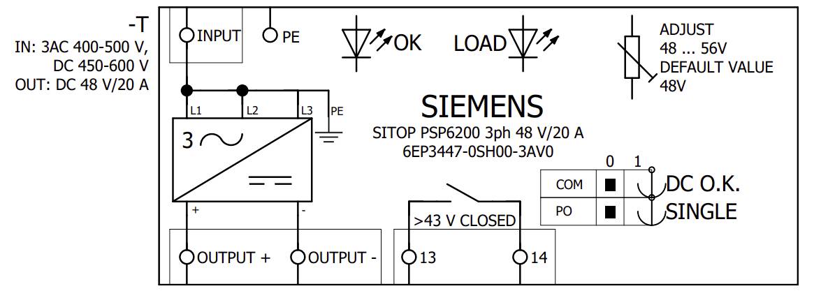 SIEMENS SITOP Stromversorgung Schaltplan mit Eingang L1, L2, L3 und PE, Ausgang +/-, DC OK Signalkontakte und einstellbar 48-56V Standard 48V.