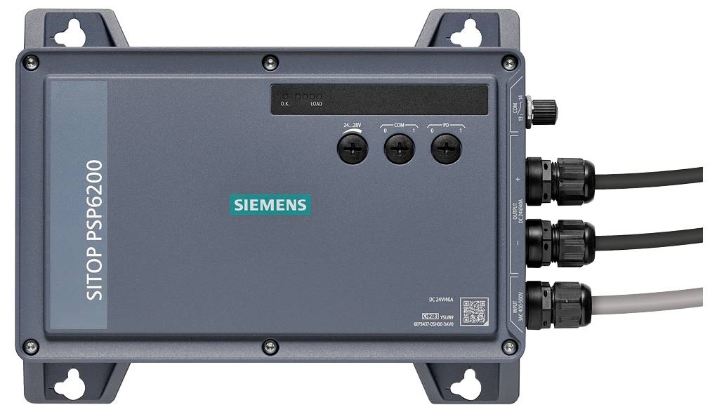 Siemens SITOP PSU6200 Stromversorgungsgerät mit drei angeschlossenen Kabeln auf der rechten Seite und Befestigungslaschen an den Ecken.