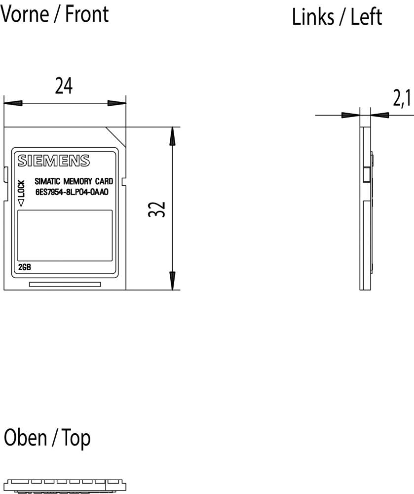 Technische Zeichnung einer Siemens SIMATIC Speicherkarte mit Vorder-, Links- und Draufsicht mit Abmessungen von 24 mm Breite, 32 mm Höhe und 2,1 mm Dicke.
