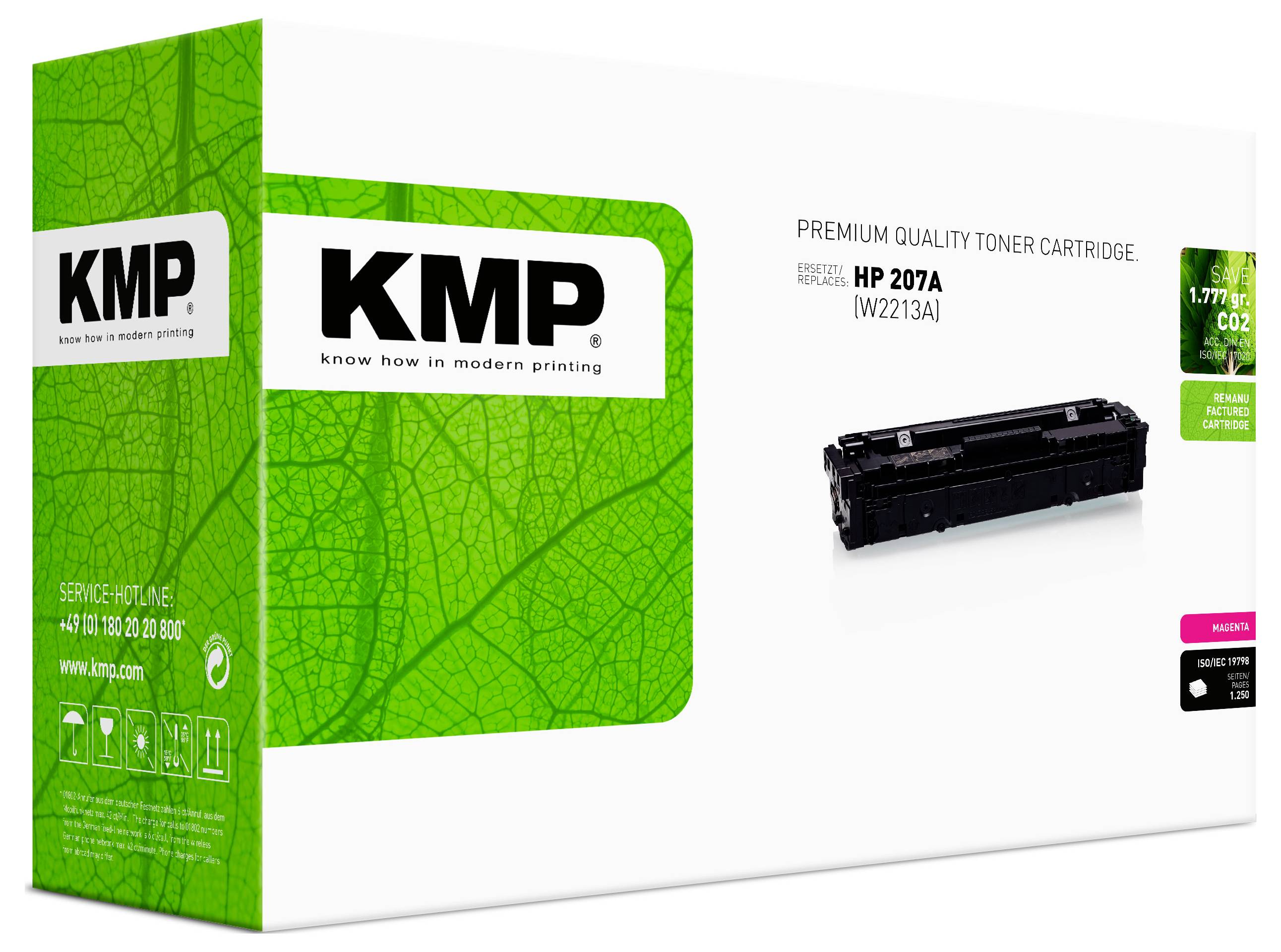KMP Premium-Qualität Tonerkartusche Verpackung für HP 207A (W2213A), zeigt eine schwarze Tonerkartusche und grünes umweltfreundliches Boxdesign.