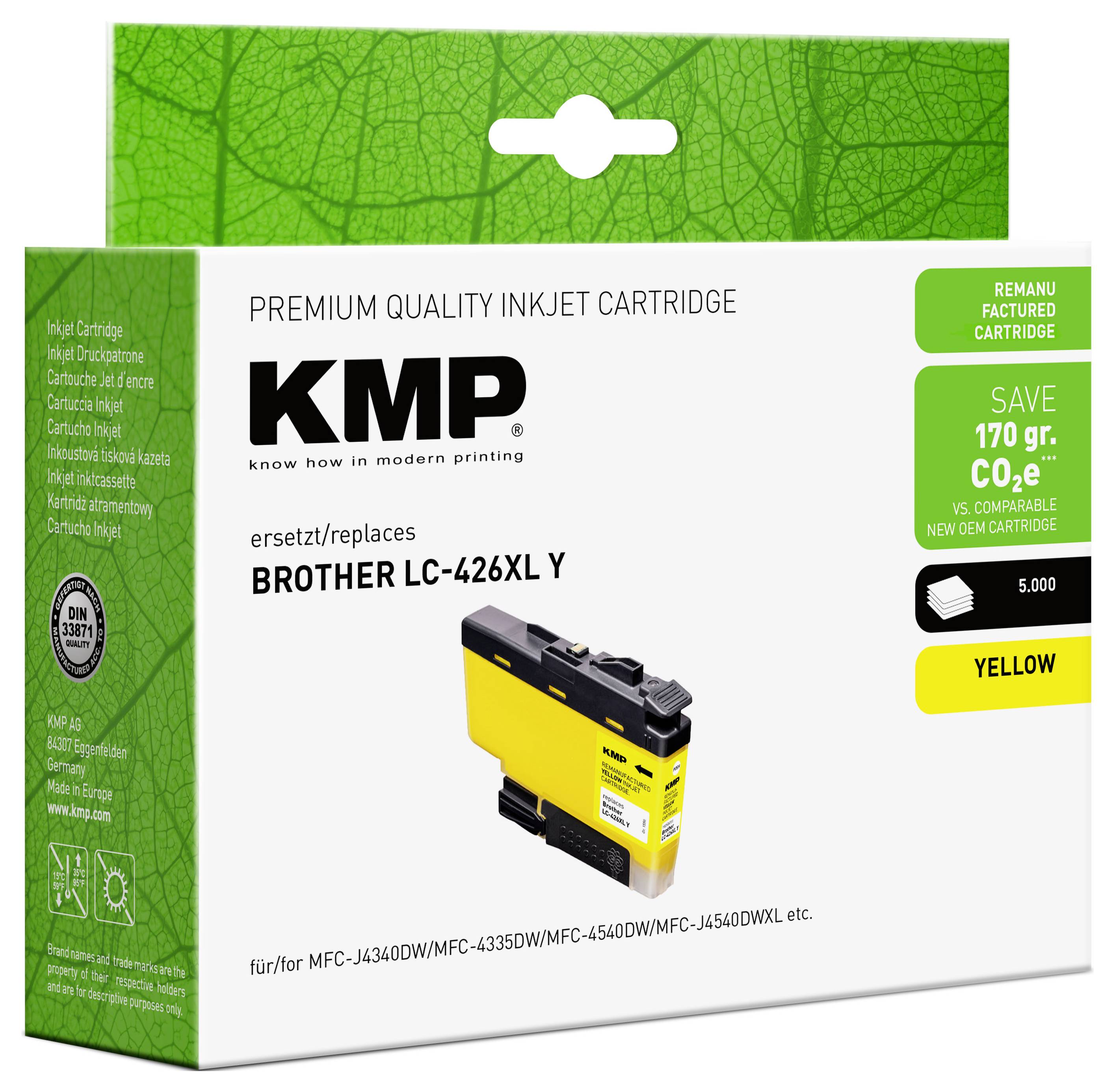 Karton mit KMP Premium-Qualität-Tintenstrahlpatrone, Ersatz für Brother LC-426XL Y, dargestellt in Gelb.