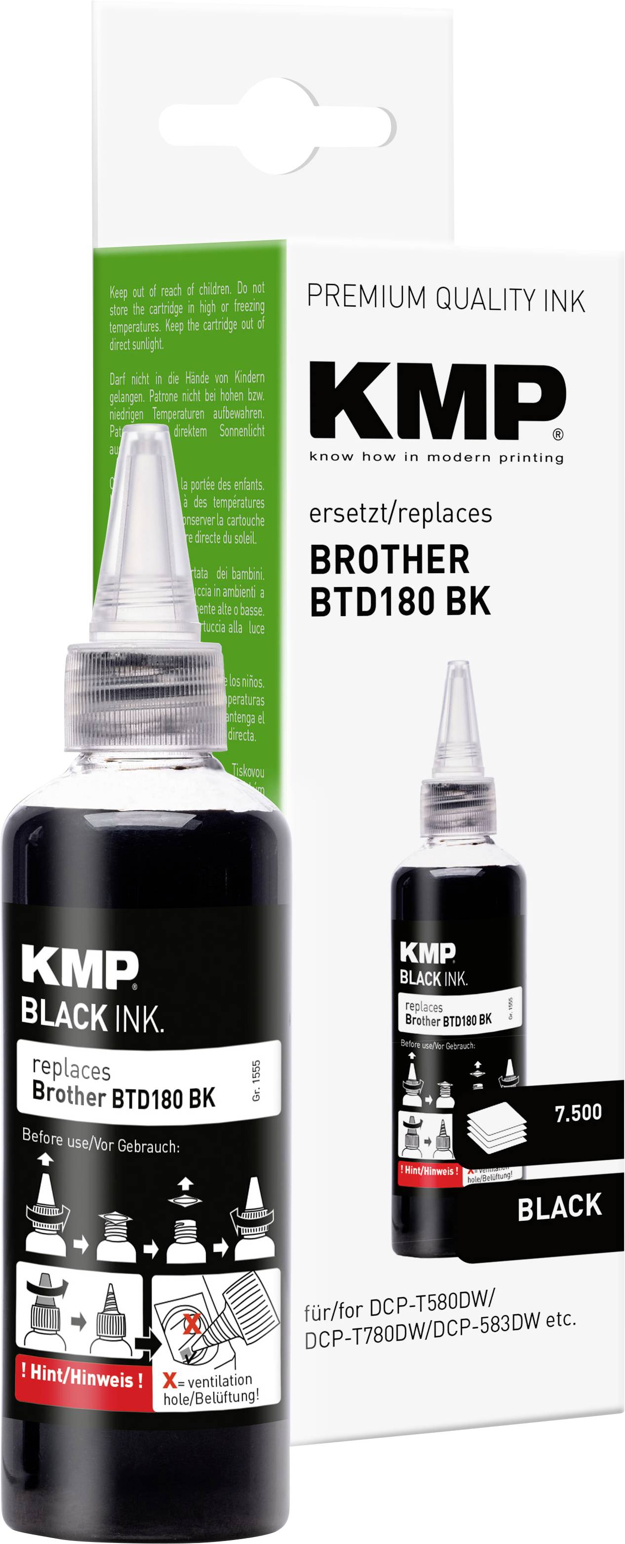 KMP Schwarztintenflasche und Schachtverpackung mit der Bezeichnung 